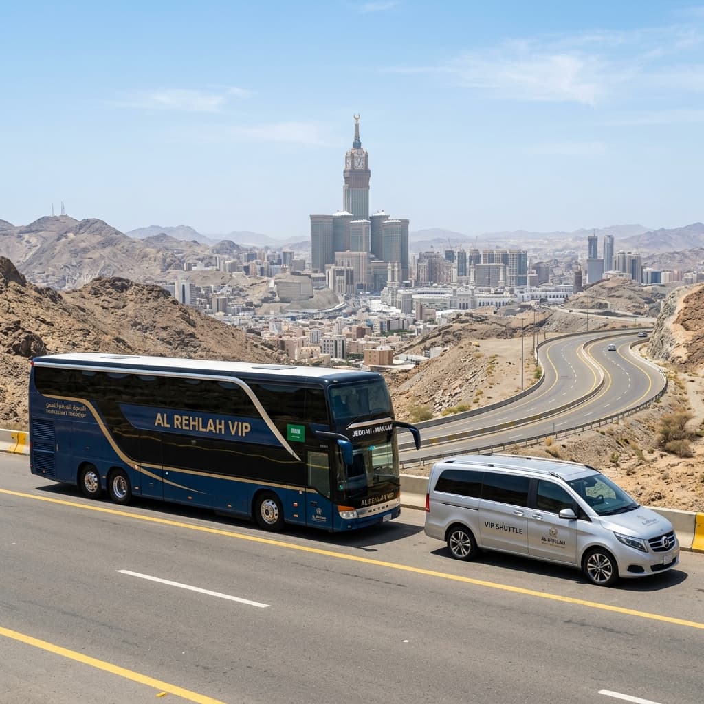Pemandangan perjalanan di gurun saat matahari terbenam untuk checklist transportasi umrah