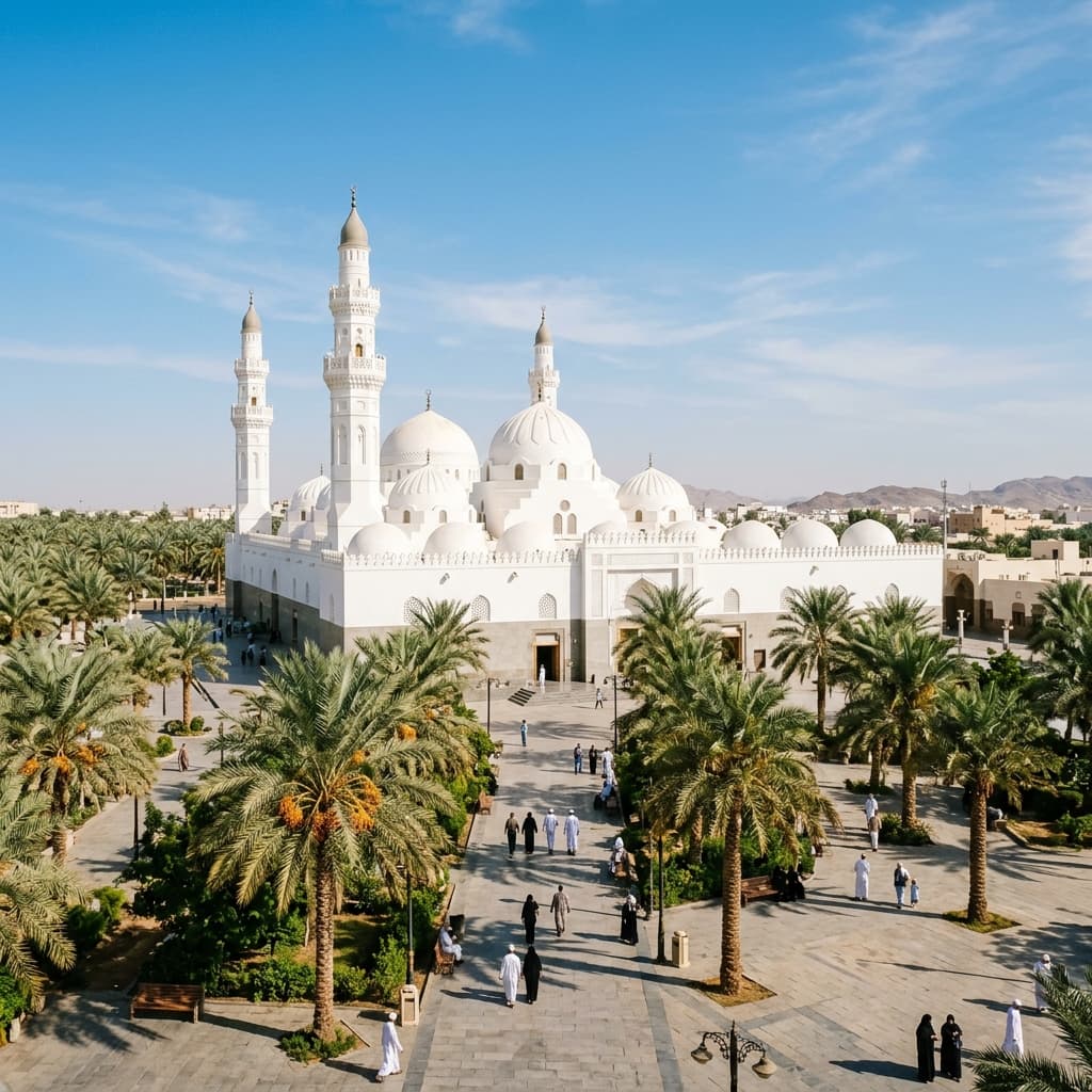 Pemandangan Masjid Quba Madinah untuk panduan ziarah tempat bersejarah